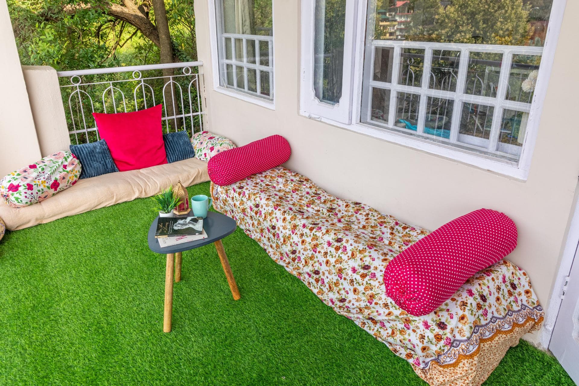 A cozy balcony with homely seatings  at our homestay near Shimla