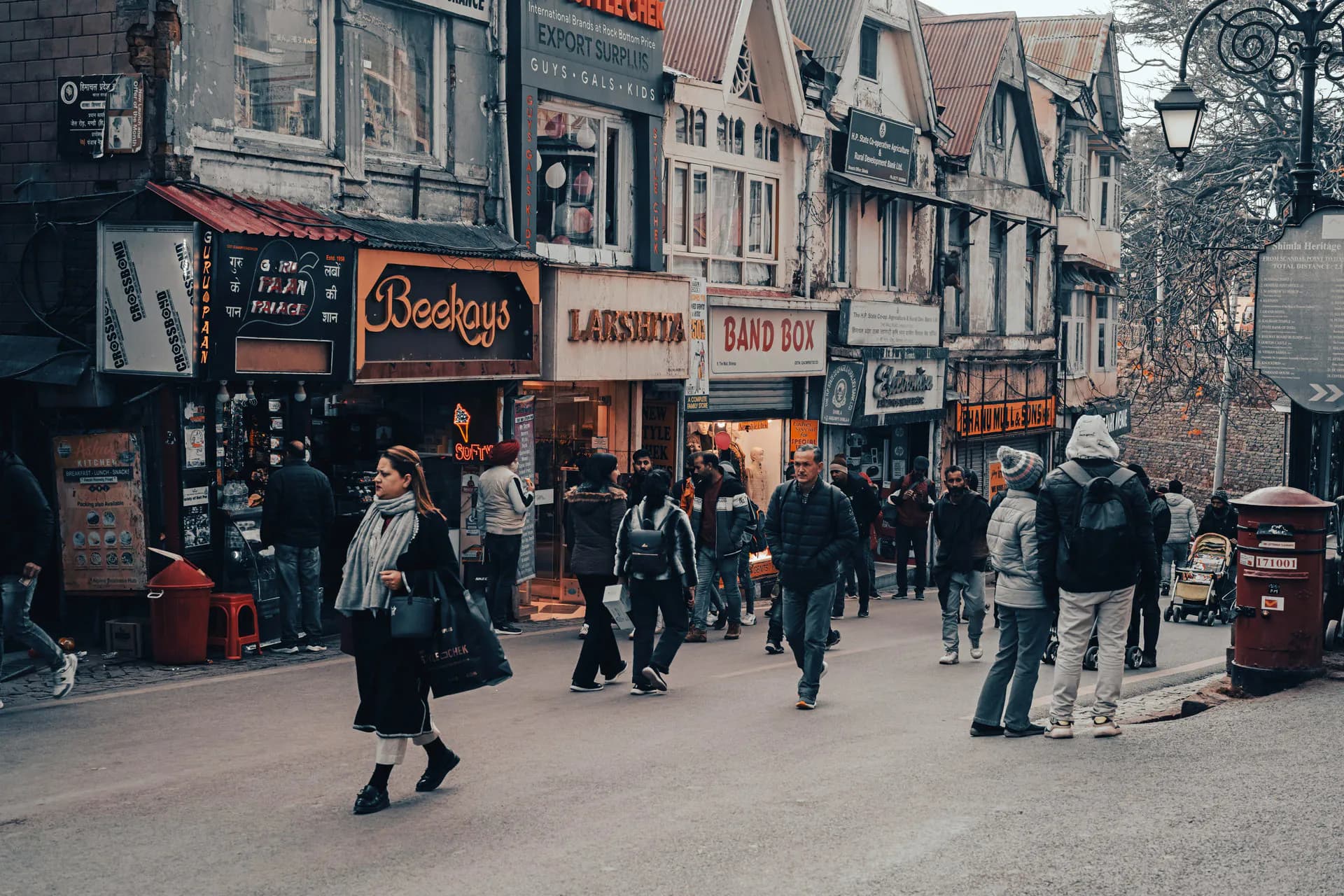 Busy evening at the iconic Mall Road in Shimla, featuring colonial-style buildings and local shops